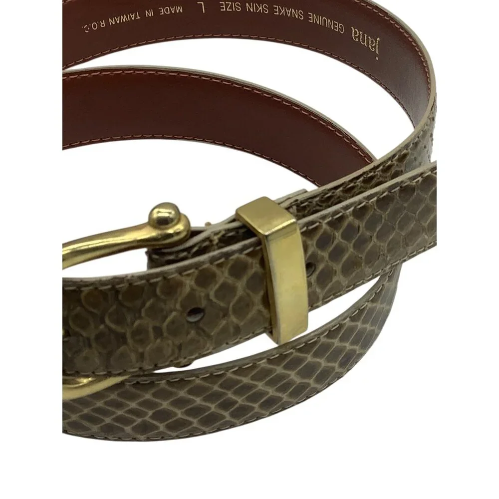 Vtg Jana Genuine Brown Snake Skin‎ Belt Size L Brass Buckle Brown Waist 29”-33”